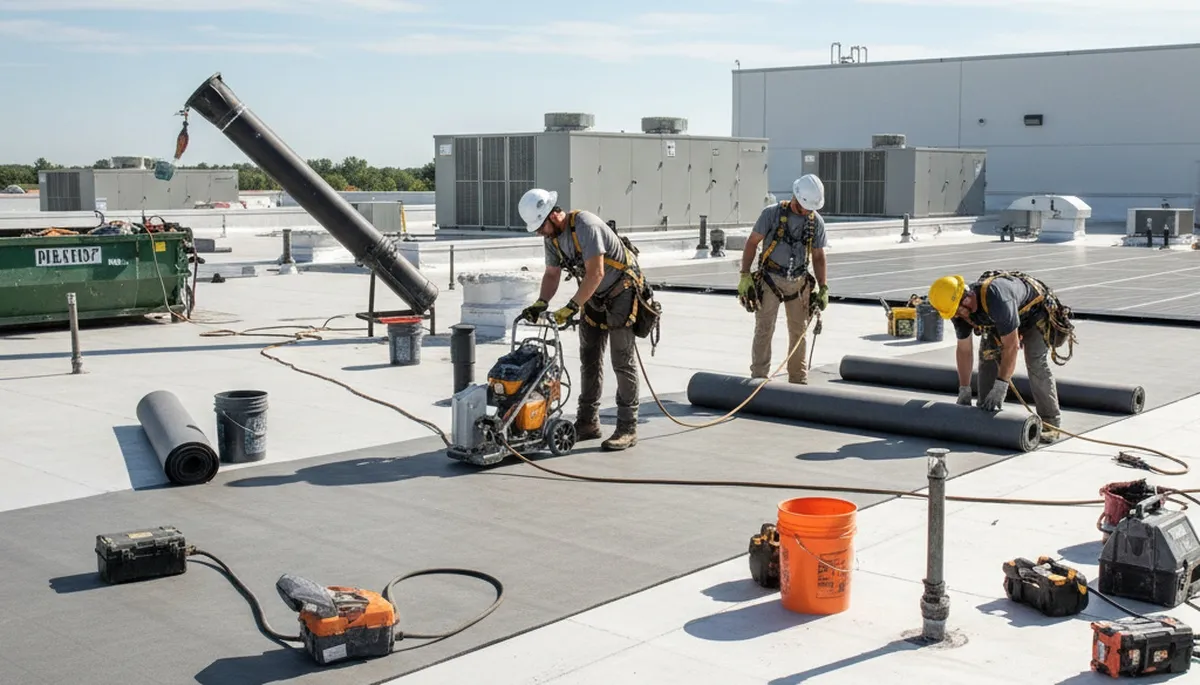 Commercial roofing crew repairing a Portland, OR business roof to prevent leaks and moss damage